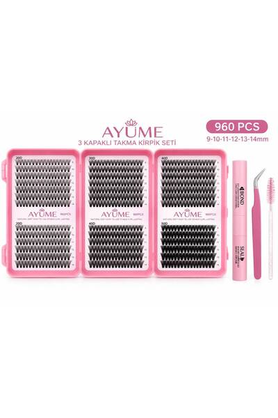 AYUME BEAUTY 3 Kapaklı Premium Takma İpek Kirpik Seti 960'lı Demet Kirpik- Cı...