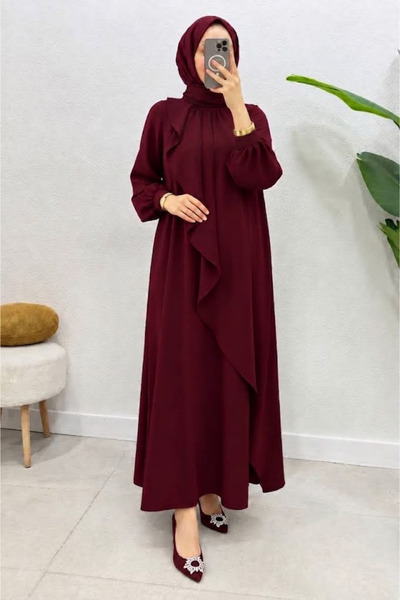 Tesettür Diyarı Mihri Krep Kumaş Volanlı Tesettür Elbise- Bordo