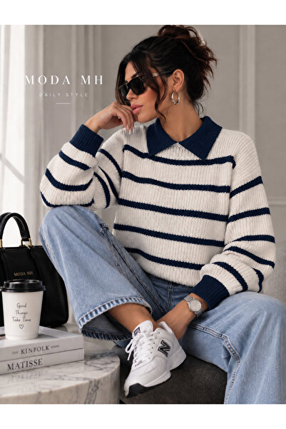 moda mh KADIN SELANİK ÖRGÜ POLO YAKALI ÇİZGİLİ OVERSİZE TARZ KAZAK