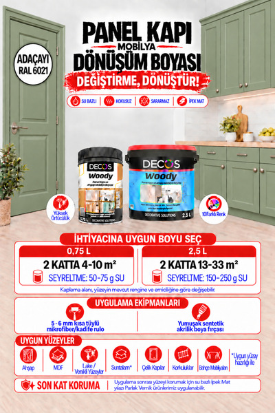 DECOS WOODY Ada Çayı - Panel Kapı ve Panel Ahşap Boyası Su Bazlı Kokusuz 8 fa...