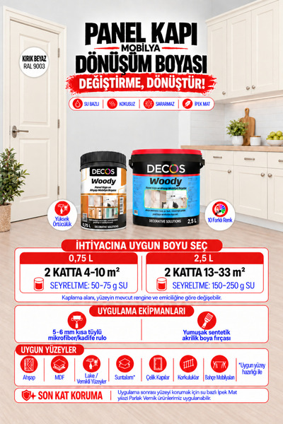 DECOS Woody Kırık Beyaz - Panel Kapı Ve Panel Ahşap Boyası Su Bazlı Kokusuz 8...