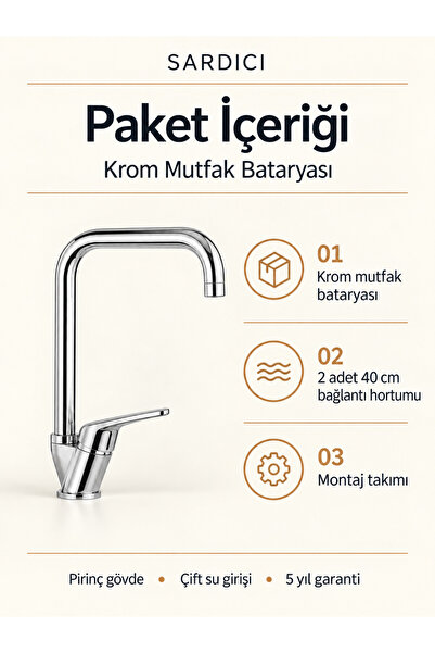 Sardıcı Mutfak Bataryası Mutfak Eviye Musluğu 360 Derece Dönebilmektedir 5 Garantili Mutfak Armatürü