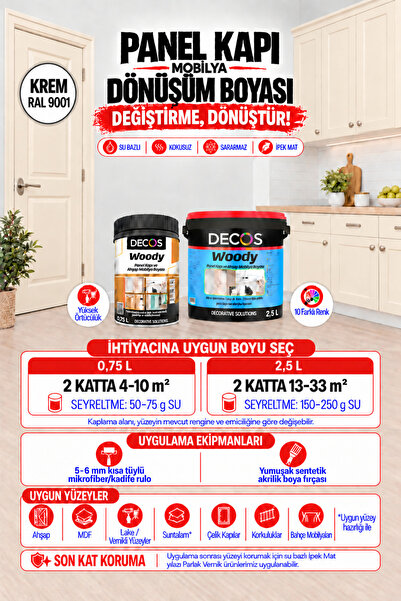 DECOS WOODY Krem - Panel Kapı ve Panel Ahşap Boyası Su Bazlı Kokusuz 8 farklı...