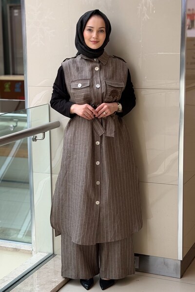 Ghisa Embroidered Pocket Sleeveless Striped Long Shirt and Trousers Set