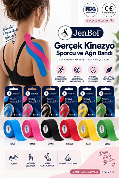 Jenbol Kinezyo Sporcu Bandı Ağrı Bandı 5 Metre X 5 Cm 6’li Fırsat Paketi mavi...