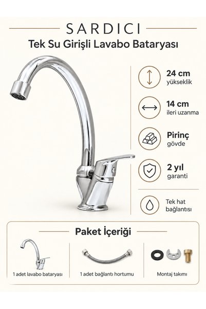 Sardıcı Solo Mix Tek Su Girişli Lavabo Bataryası, Pirinç Gövde, Krom, 24 cm, Montaj Takımı Dahil