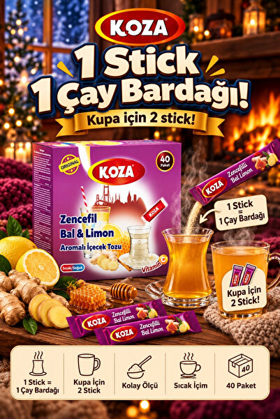 Koza Zencefil Bal Limon Hazır Kış Çayı C Vitaminli Kışa Tam Destek Tek İçimlik Pratik Hazırlanan Gurmelerin Seçimi Oralet İçecek Tozu Premium Kış Meyve Çayı Paketi 40 Stick - İçinizi Isıtan Sıcacık Lezzet
