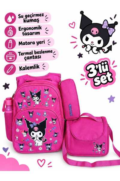 Genel Markalar KUROMİ DESENLİ pembe kız üçlü kız çocuk ilkokul okul çantası -...