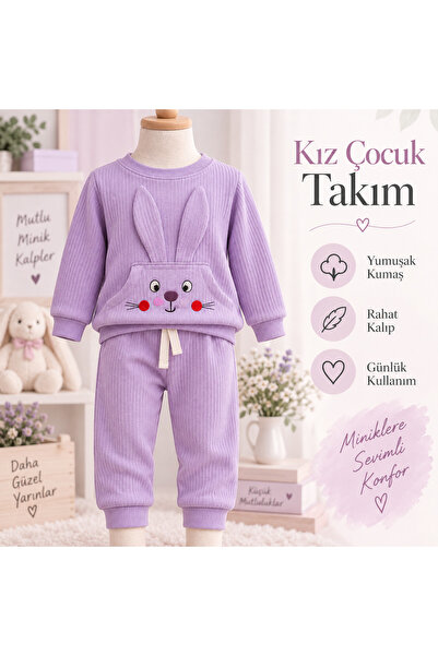 KAMİKAM Tavşanlı, kanguru cepli, nakışlı kaliteli, pamuklu kız çocuk takım(1 ...