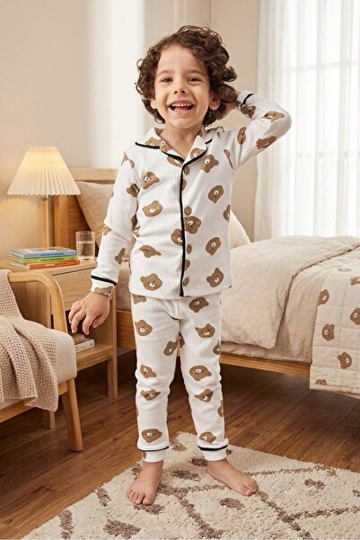 modaminikler Ayıcık Baskılı Çocuk %100 Pamuk 2'li Pijama Takımı