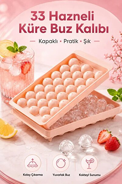 Kitchen Beauty Küre Buz Kalıbı Kapaklı 33 Hazneli Yuvarlak Buz Kalıbı Kokteyl...