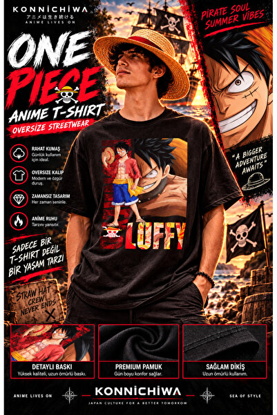 FG KONNİCHİWA One Piece Collection Anime Printed Unisex Black Tshirt Anime Lo...