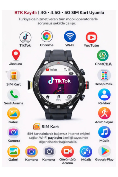 Laraheiser Sosyal Medya Girişli Android Watch 10 Kameralı Sim Kartlı Slim Kas...