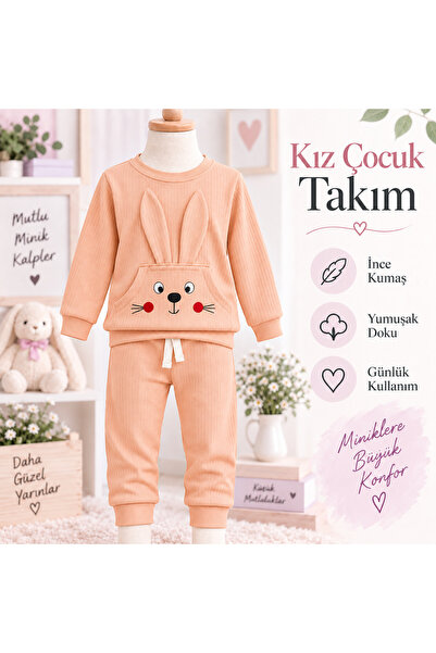 KAMİKAM Tavşanlı, kanguru cepli, nakışlı kaliteli, pamuklu kız çocuk takım(1 ...