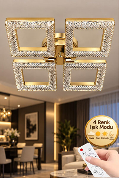 Lüxev Lighting Kare Model Gold 4"lü Ledli 3 Renk Modu Kristal Salon Mutfak Ya...