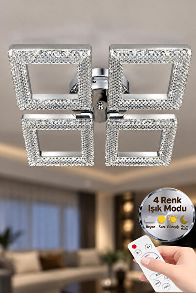 Lüxev Lighting Kare Model Gümüş 4"lü Ledli 3 Renk Modu Kristal Salon Mutfak Y...