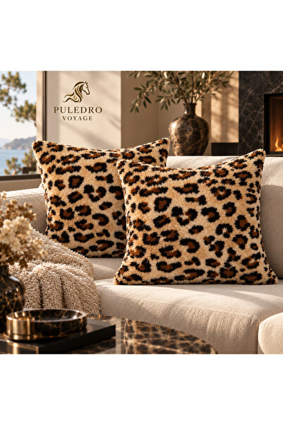 Puledro Voyage Leopar Desen Peluş Teddy Puffy Dekoratif Yastık Kırlent Kılıfı...