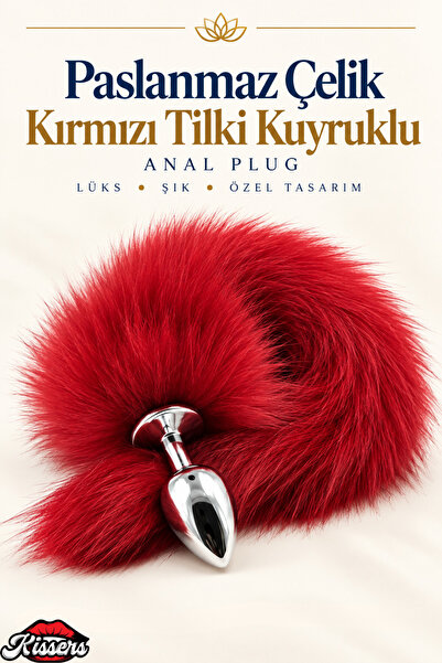 Paslanmaz Çelik Kırmızı Tilki Kuyruklu Lüks Anal Plug Ve Tıkaç 46 Cm