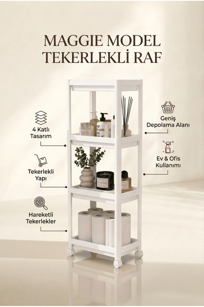 Nandy Home 4 Katlı Maggie Model Tekerlekli Düzenleyici Raf - Çok Amaçlı Organ...