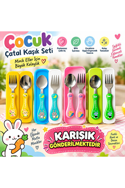 Tasarım Evi Çocuk Silikon Saplı Figürlü Metal Uçlu Kaşık ve Çatal - Mama Kaşı...