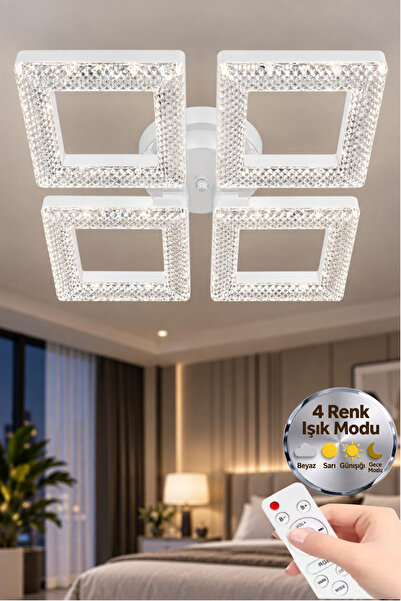 Lüxev Lighting Kare Model Beyaz 4"lü Ledli 3 Renk Modu Kristal Salon Mutfak Y...