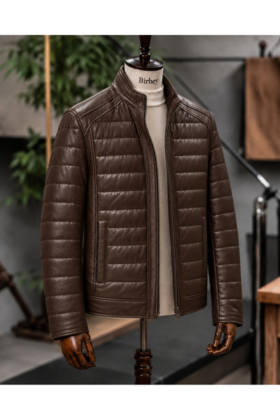 MODA Erkek Kahve Şişme Hakiki Kuzu Derisi Fermuarlı Deri Mont Ceket