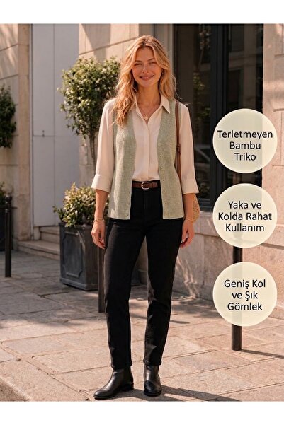 URUMDAY Kadın V Yaka Düğmeli Fitilli İnce Bambu Merserize Yelek