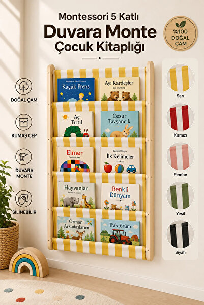 EverAlpina Montessori Duvara Monte Ahşap Çocuk Kitaplığı Kumaş Cepli Kitap Dü...