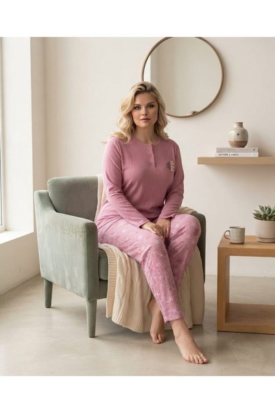 Eyfuze Women's Winter Plus Size Curve Embroidered Patterned Collar Buttoned Long Sleeve Pajama Set