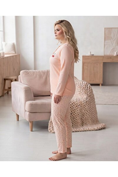 Eyfuze Women's Winter Plus Size Curve Embroidered Patterned Collar Buttoned Long Sleeve Pajama Set
