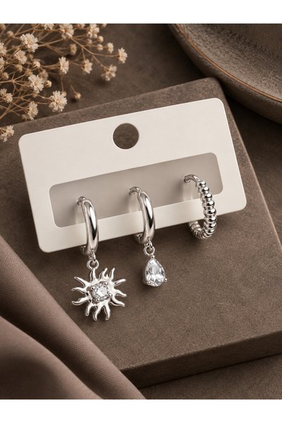 serelya Brass Zircon Stone Sun Model Silver Color 3-Piece Double Women's Earr...