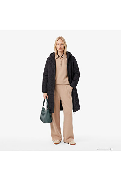 Lacoste Kadın Regular Fit Kapüşonlu Kapitone Siyah Mont