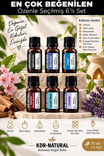 kdr natural 6 Lı Esansiyel Uçucu Yağ Seti Oda Kokusu Buhurdanlık Nemlendirici...