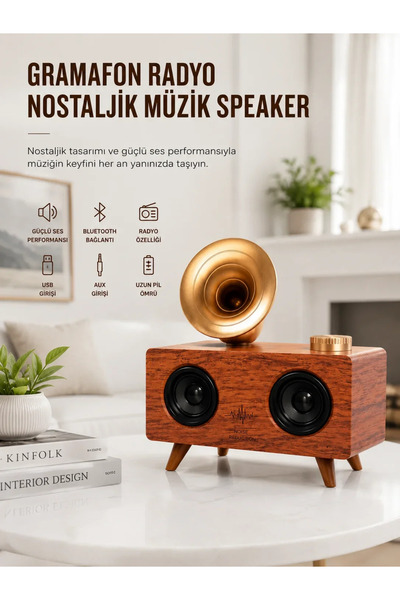Bluetooth Nostalji Speaker Radyo Gramofon Ahşap Renk Vintage Yeni Nesil