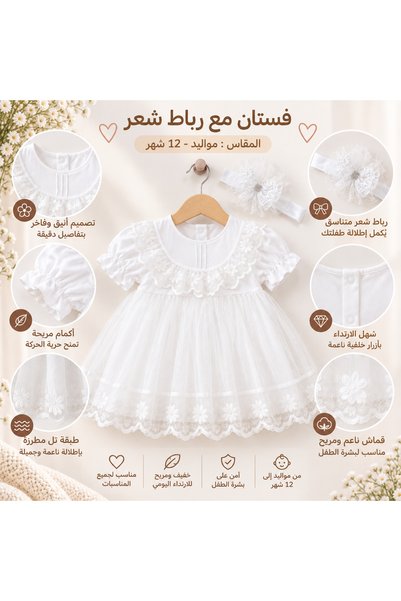 LOOFI Newborn Baby Girl Dress 100% Cotton Soft Tulle & Lace - 0-12 Months / White