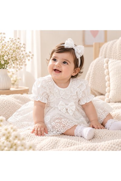 LOOFI Cotton Princess Dress for Newborns with Hair Bow - Color White