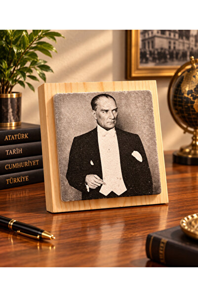 CEREN WOODEN Atatürk Portreli Dekoratif Taş Görünümlü Tablo 12,5x12,5 cm – Ma...