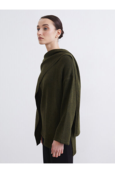 LC Waikiki Nevavm Lcw Modest Khaki Draped Shawl Collar Oversize Women's Knitw...