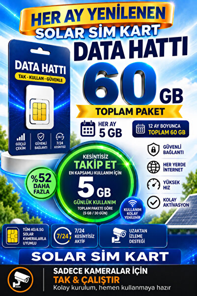 TRCharger 4G 60GB Sim Kartı 1 Yıllık Tek Ödeme Data m2m Hattı Güvenlik Kamera...