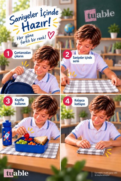 Tuable Lunch Cover Set of 3 Checkered Gray 45 × 70 cm – for Kindergarten and Primary School, 100% Cotton, Suitable for Food Contact
