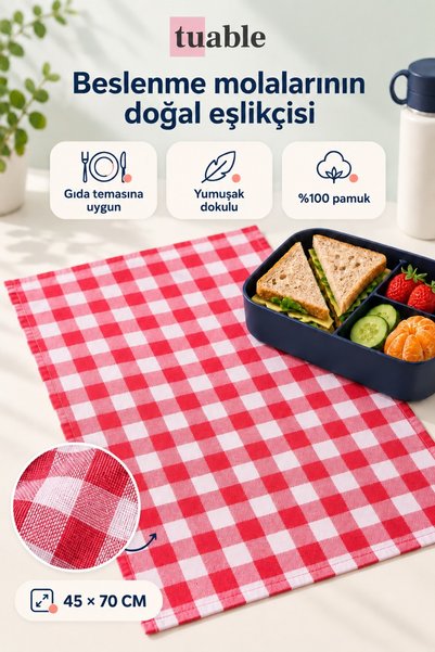 Tuable Lunch Mat 3-Piece Checkered Red Set 45 × 70 cm – for Kindergarten and Primary School, 100% Cotton, Suitable for Food Contact