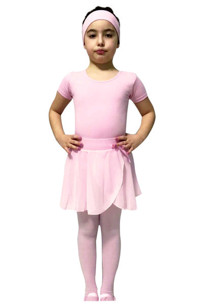 Yıldız Bale Kostüm ve Spor Pink Short Sleeve Cross Back Swimsuit & Pink Chiffon Skirt & Headband
