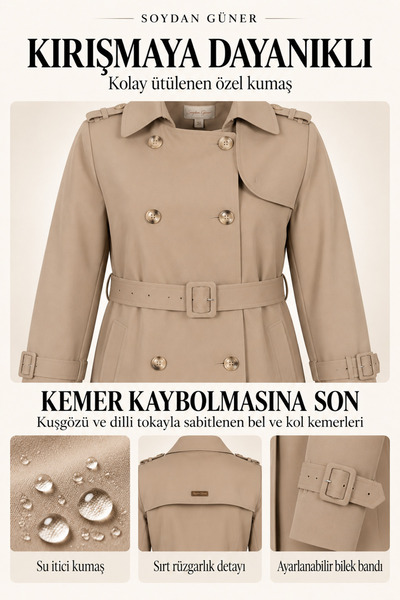 Soydan Güner Su Itici Özellikli Kırışmaz Kumaş Trençkot K.bej 5840