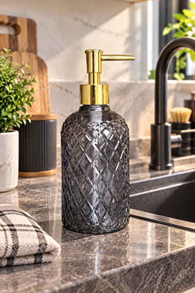 ANGDESİGN Alaçatı Tekli Cam Sıvı Sabunluk FÜME || Modern Lüks Banyo Aksesuarı Dekoratif Sıvı Sabunluk Sabun Dispenseri Banyo & Mutfak İçin Tezgah Üstü Lavabo || GOLD POMPALI || Bulaşık Deterjanı El Sabunu
