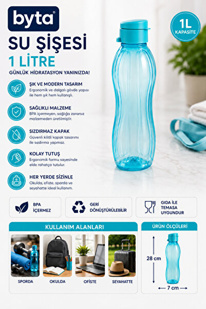 BYTA 1 Litre Sızdırmaz Su Şişesi Matara BPA İçermez Ergonomik Tasarım Spor Ok...