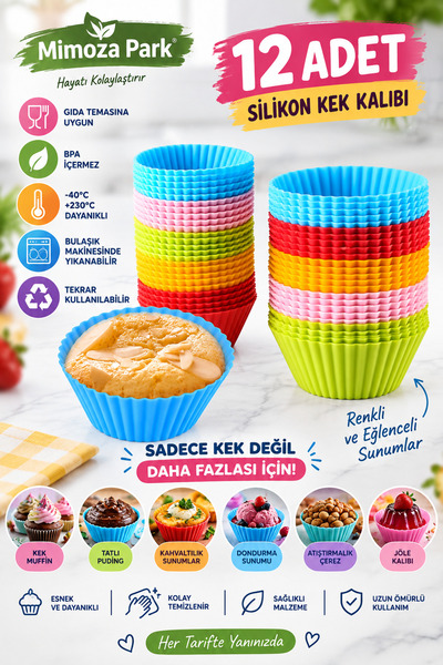 MİMOZA PARK 12 Adet Silikon Cupcake Mini Kek Kalıbı