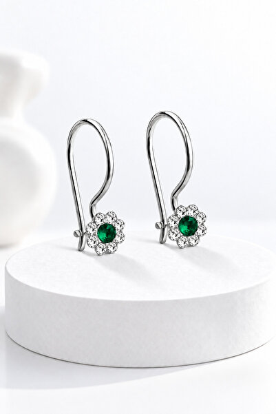 jelux silver Gümüş 925 Ayar Papatya Model Zümrüt Zirkon Taşlı Çocuk Küpe