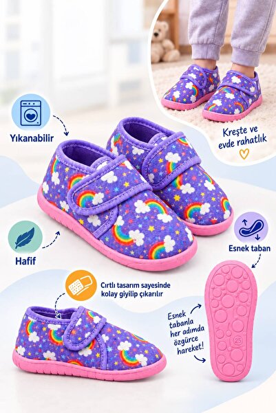 nioni Günlük Kız Erkek Çocuk Panduf Ev Ayakkabısı Esnek Kaymaz Taban Cırtlı K...