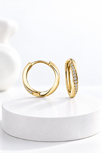 jelux silver Gümüş 925 Ayar 17 Mm  Şık ve Modern Halka Zirkon Taşlı Gold Küpe