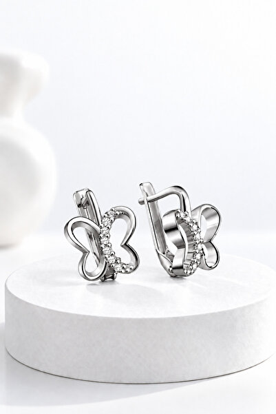 jelux silver Gümüş 925 Ayar Kelebek Desenli Rose Renkli Taşlı Çocuk Küpe